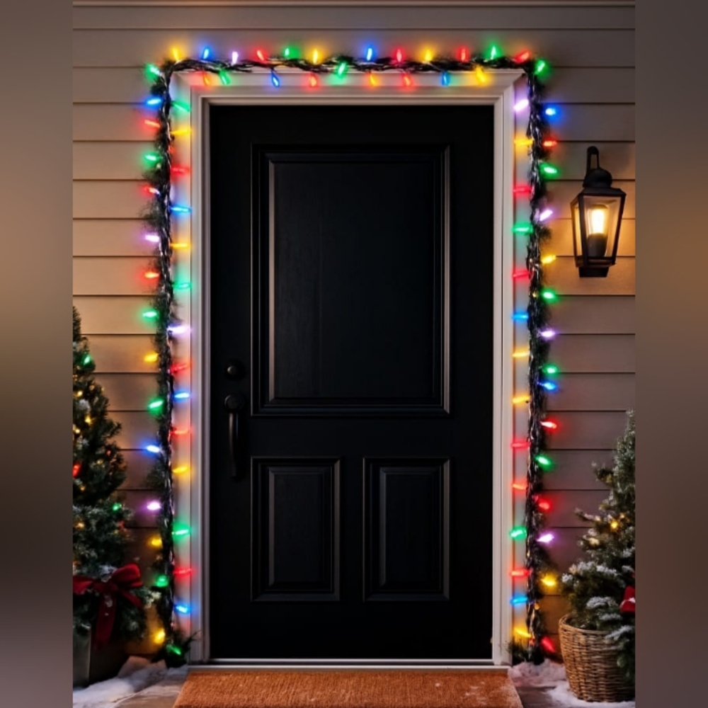 FESTIVE GARLAND WITH MULTICOLORED LIGHTS. 250" LONG. EACH BULB 1.5" LONG.